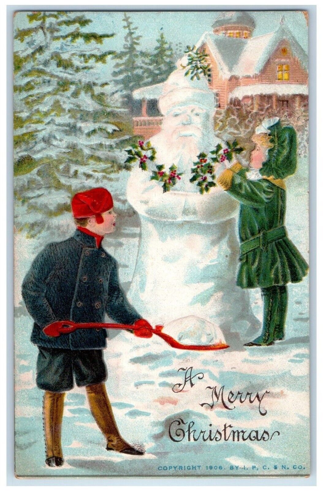 c1910's Christmas Children Santa Snowman Holly Berries Embossed Antique Postcard