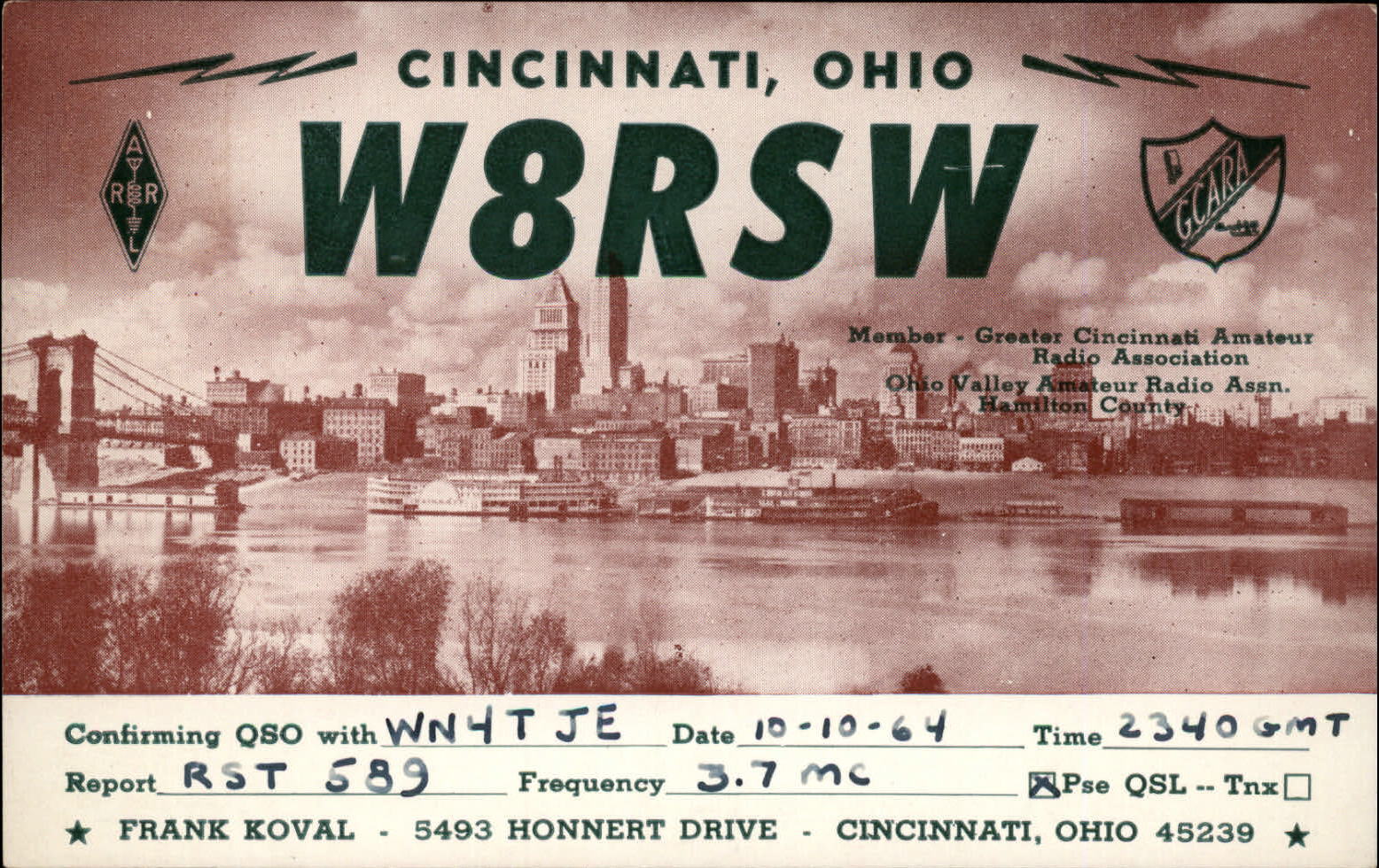 QSL radio card W8RSW 1964 Cincinnati Ohio  Frank Koval Skyline photo ARRL Waves