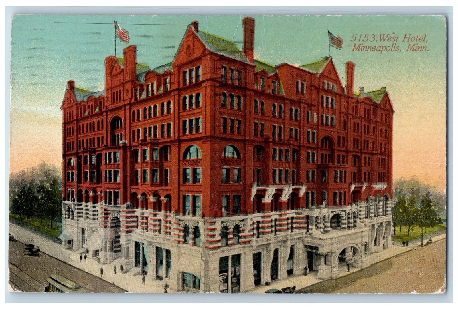 Minneapolis Minnesota MN Postcard West Hotel Building Exterior 1919 Vintage Cars