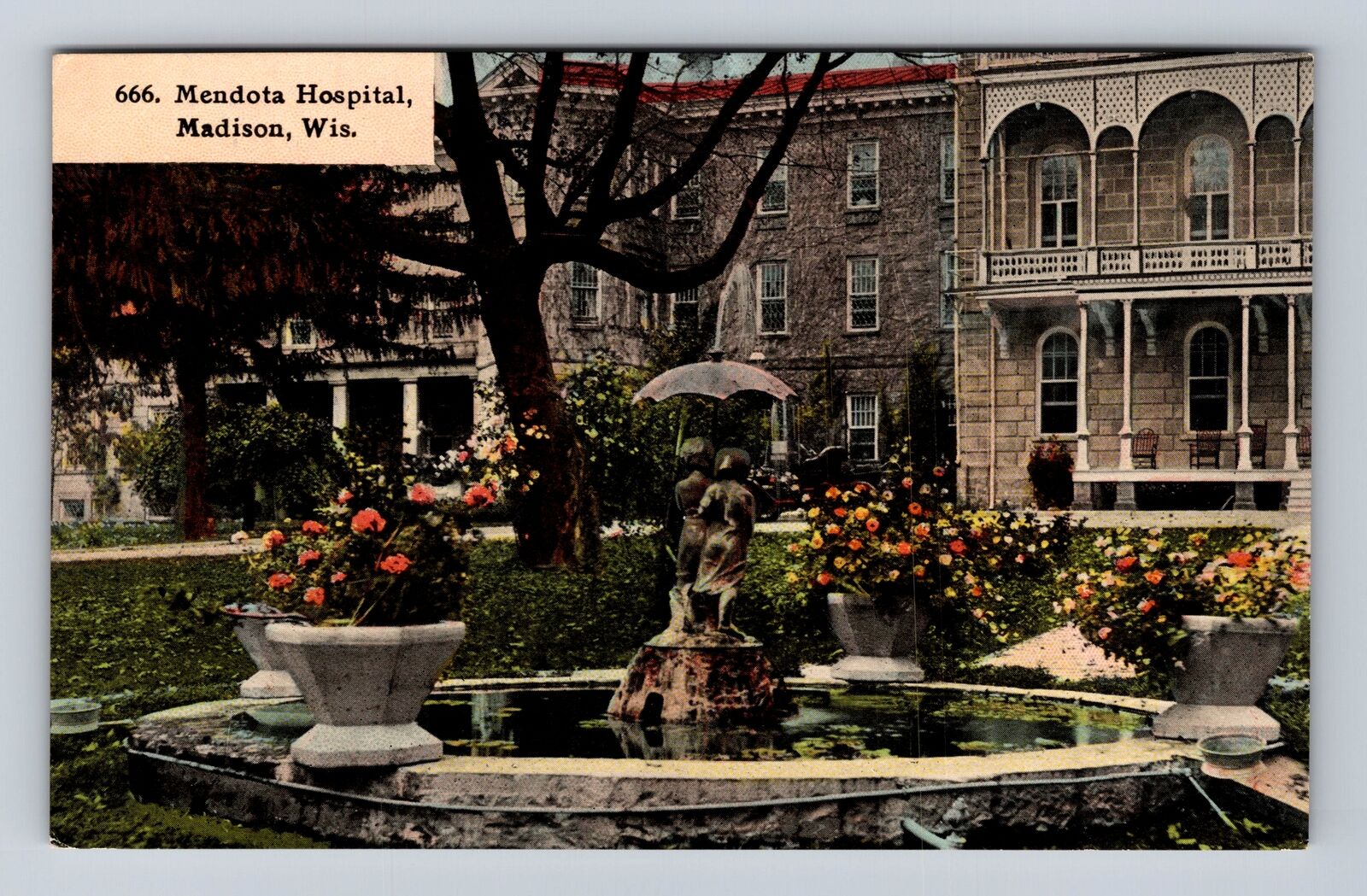 Madison WI-Wisconsin, Mendota Hospital, Fountain Antique, Vintage Postcard
