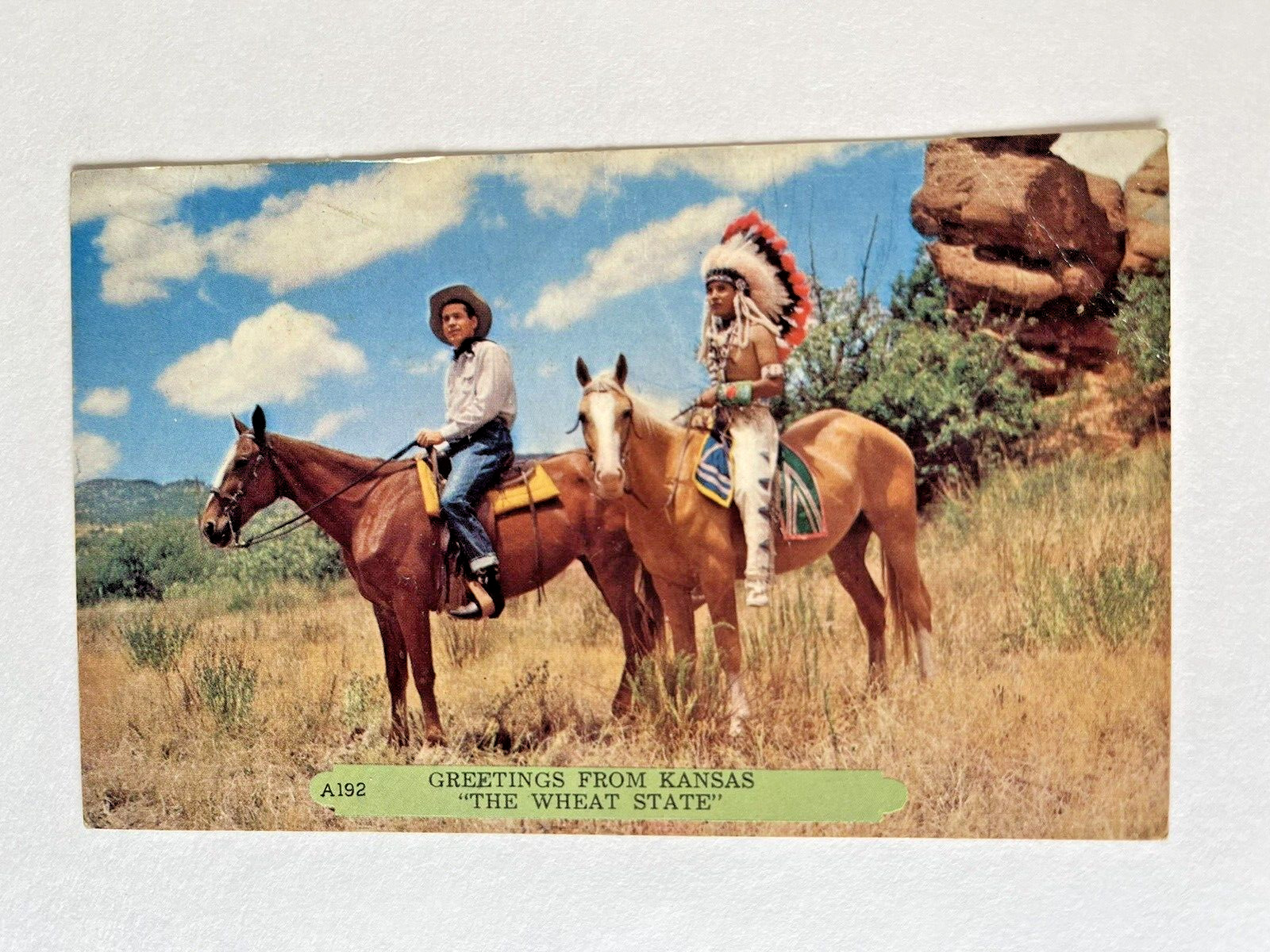 1950s Vintage SOUVENIR Postcard KANSAS STATE Cowboys &Indians Lone Ranger& Tonto