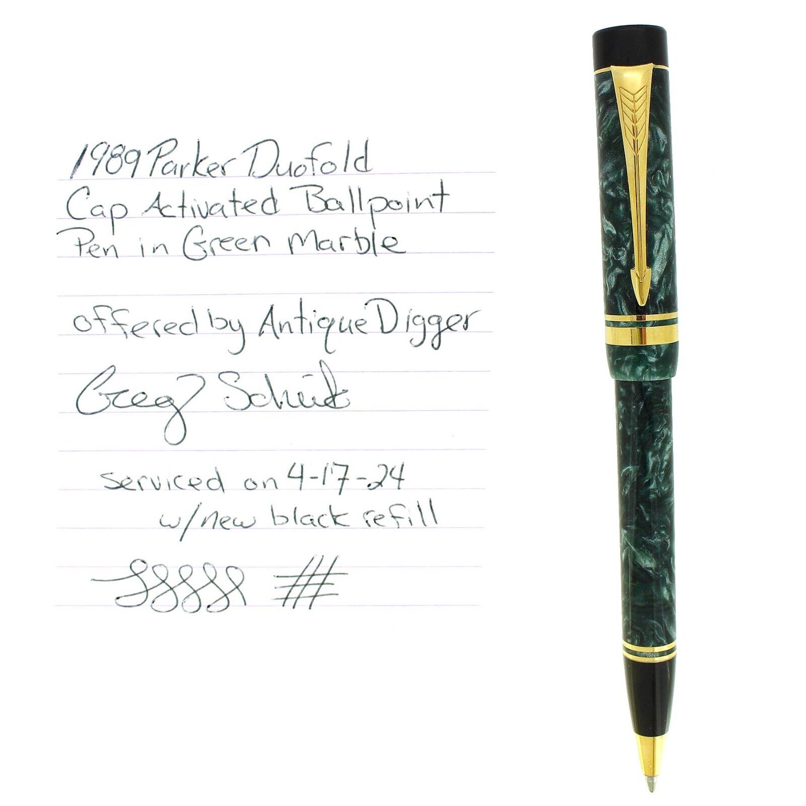 1989 PARKER DUOFOLD GREEN MARBLE CAP ACTIVATED BALLPOINT PEN NEAR MINT