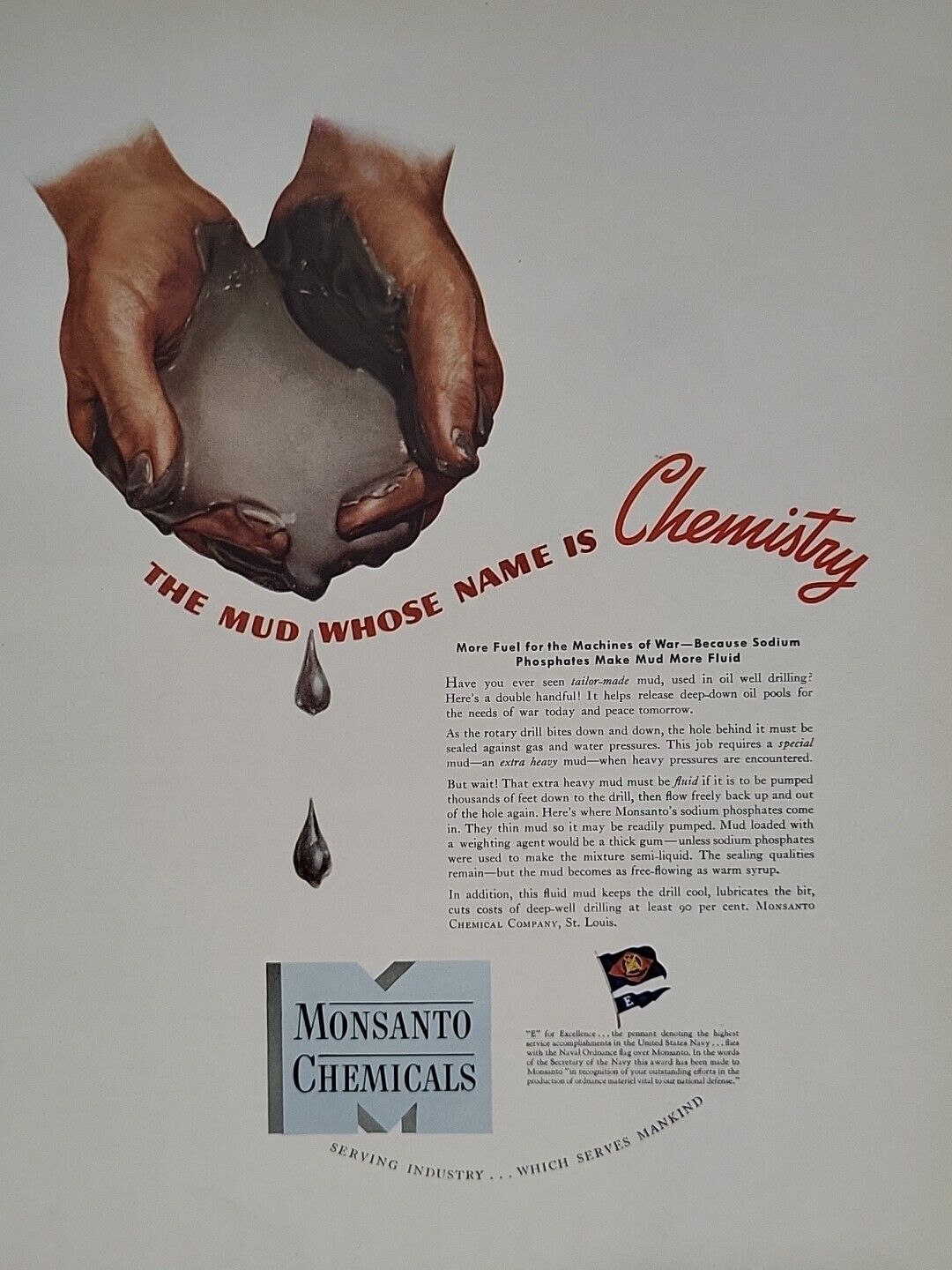 1942 Monsanto Chemicals Fortune WW2 Print Ad Q2 Mud Chemistry  Phosphates War