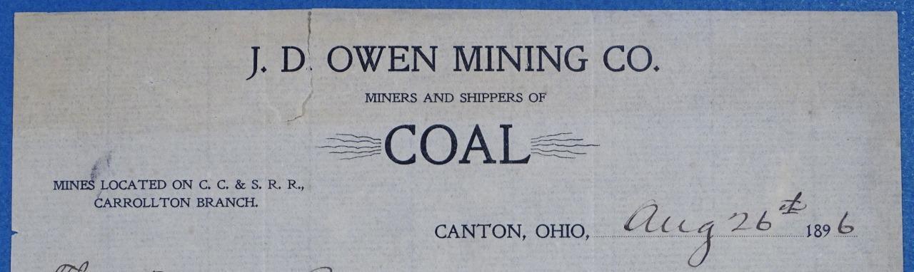 1896 J D Owen Mining Co Coal Mining Canton Ohio Letter CC & S Railroad B6S4
