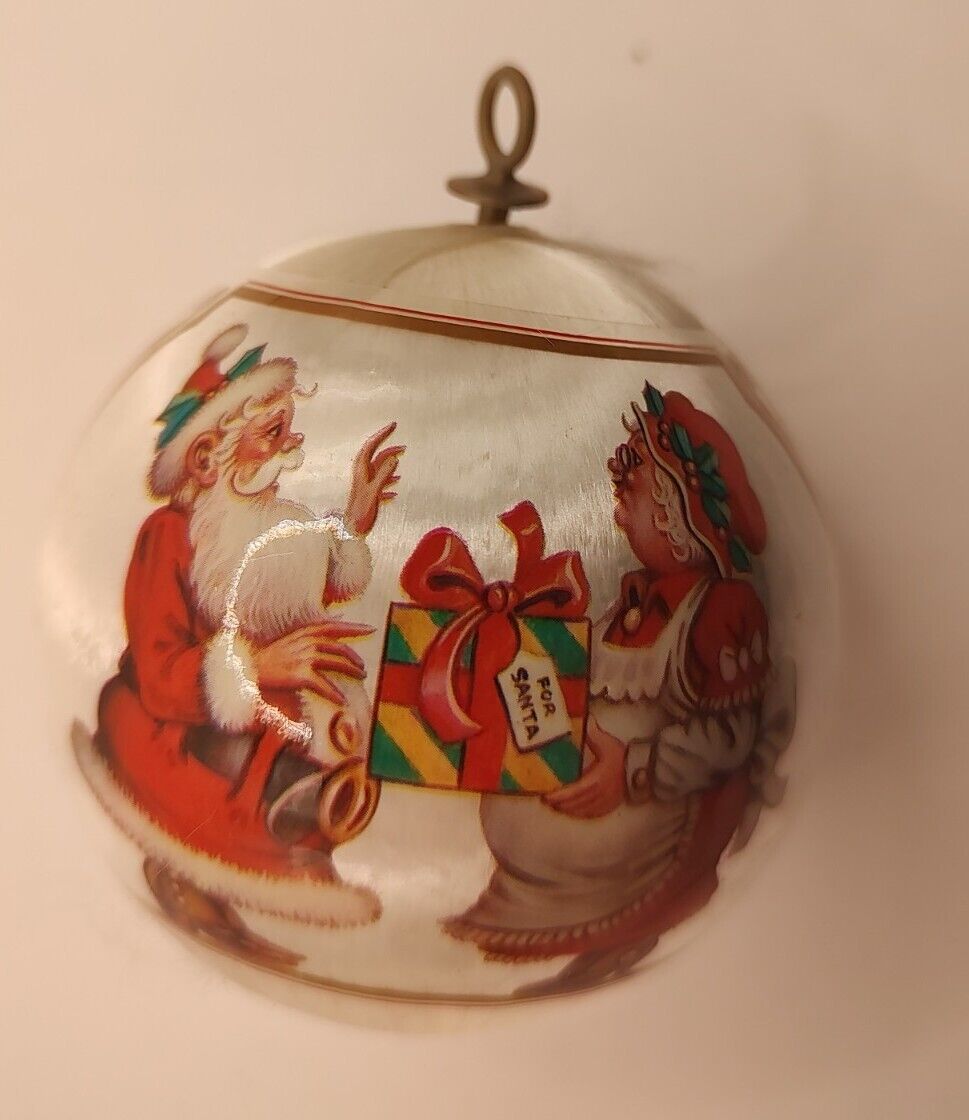Vintage 197Os Silk Satin ornament Santa and Mrs Claus Christmas Tree Ball