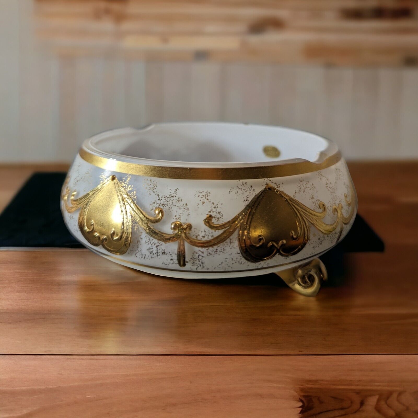 VTG Bohemian Czech Opaline Glass Bowl with Gold Motif Smoke Bowl/Candy Bowl READ