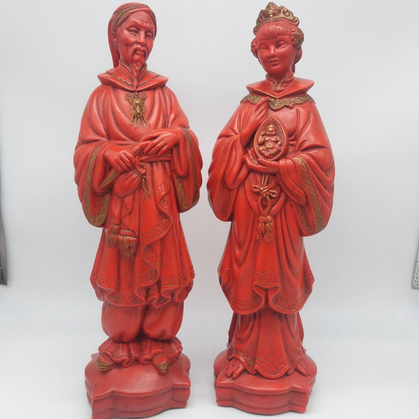 2 MCM Chinese God & Quan Kwan Yin Goddess Holding Buddha Statue Figures 15.5”