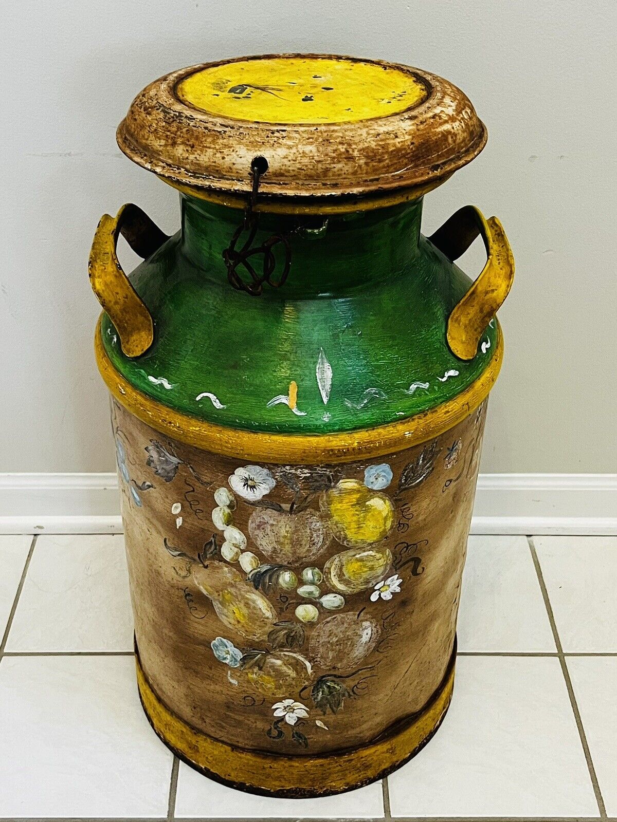 VTG Metal Milk Can Jug Hand Painted Floral Design Yellow Green w/ Lid 24\