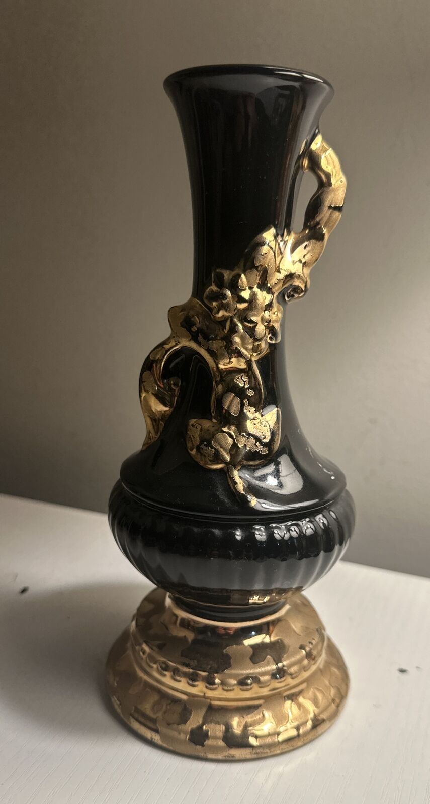 Vintage Black savoy Vase 7.5” Tall With 24kt Gold