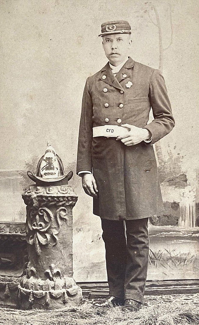 RARE GREENWICH CT. FIREMAN w/ HIGH EAGLE HELMET CABINET CARD PHOTO 1880's