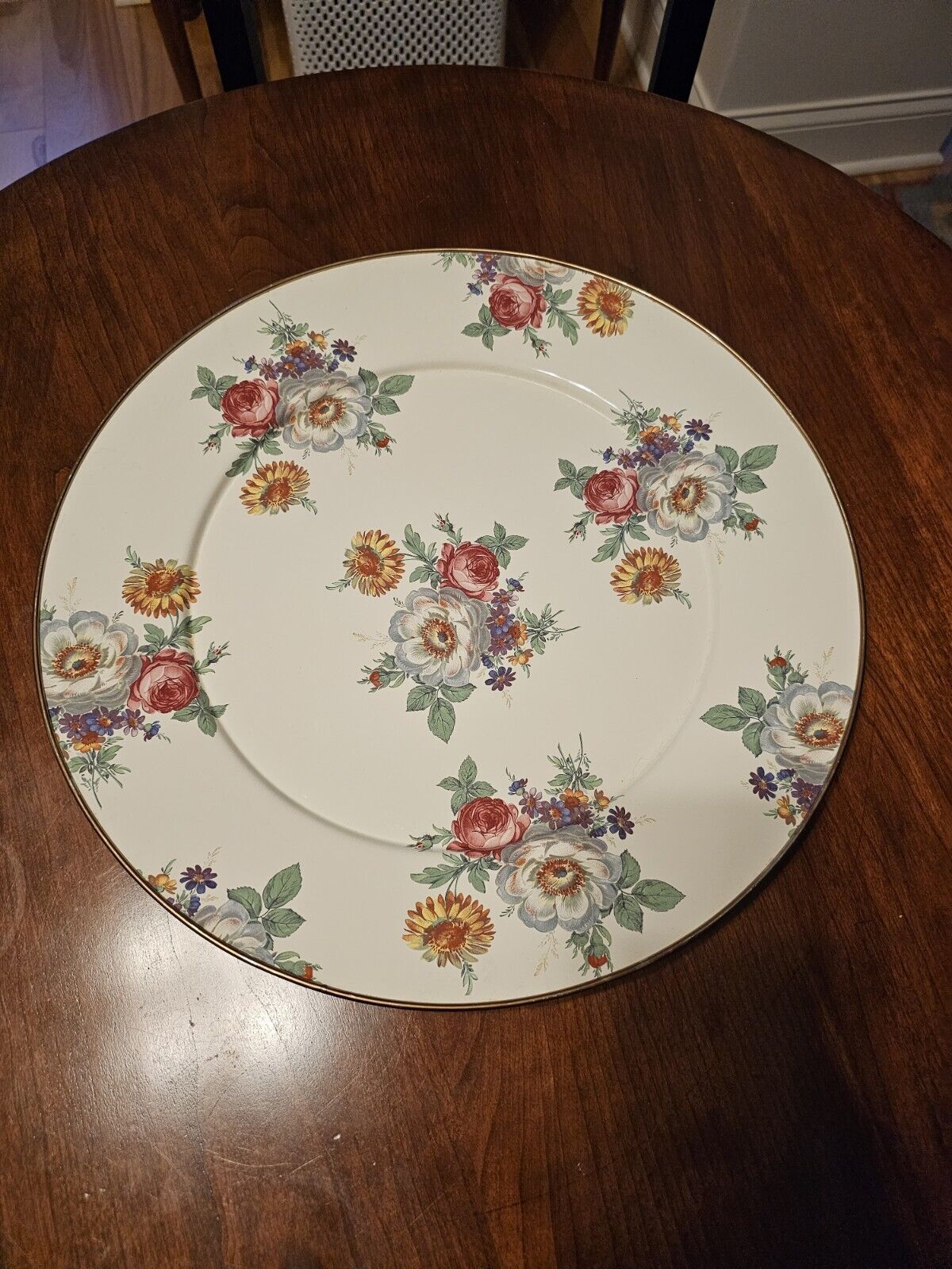 Camp MacKenzie-Childs 1995 Off White Enamel  Round Floral Roses Tray Platter 16\