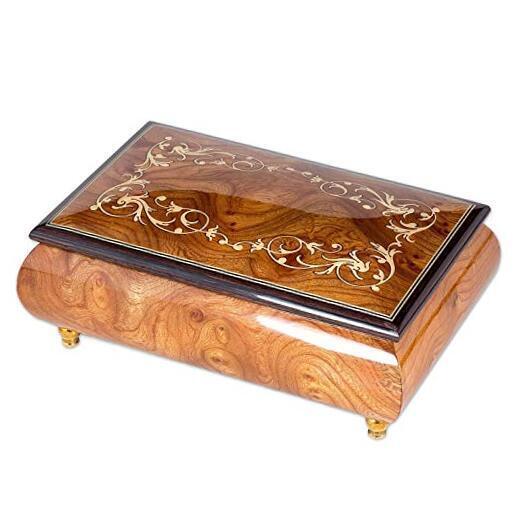 Italian Hand Crafted Inlaid Natural Elm Wood Musical Box Plays Waltz of The 
