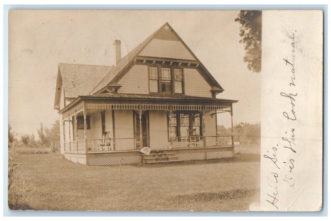 1908 Home Residence View Rocking Chair Porch Hart MI RPPC Photo Postcard