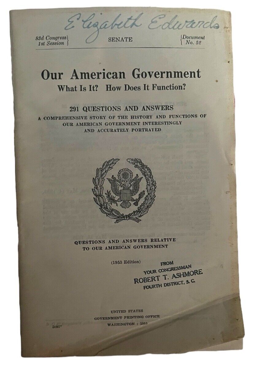 US Congress booklet 1953 American Government Elizabeth Edwards Robert Ashmore