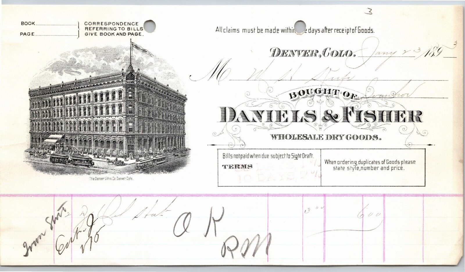 1893 Denver, CO Daniels & Fisher Wholesale Dry Goods Letterhead - M.H. Keefe