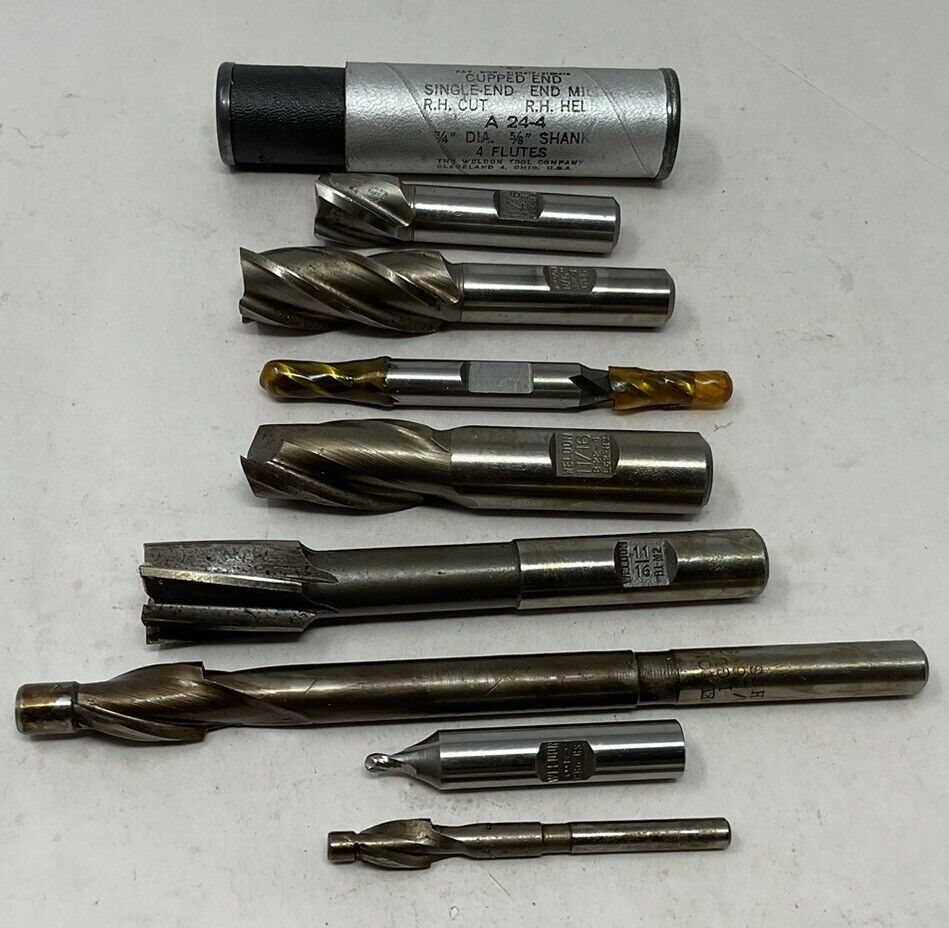 Machinist End Mills Flutes, lot of 10, Weldon Assorted Sizes