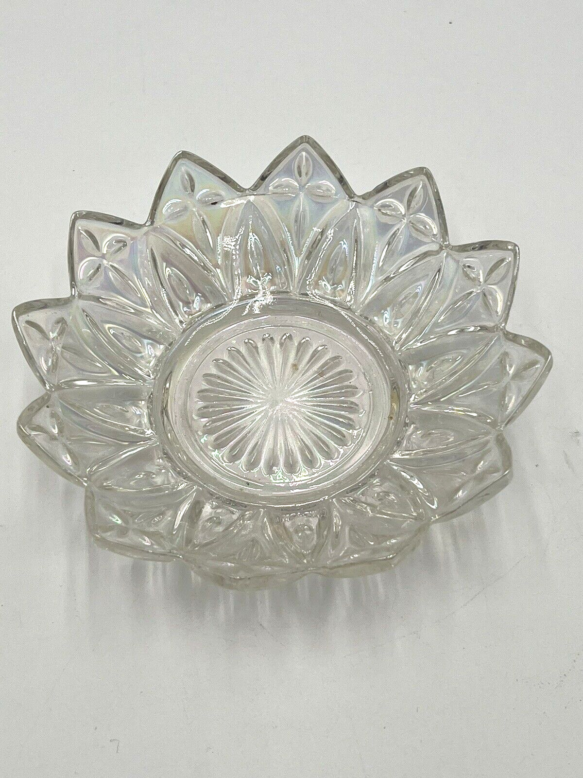 Vintage Federal Glass Clear Iridescent Carnival Petal Candy Dish