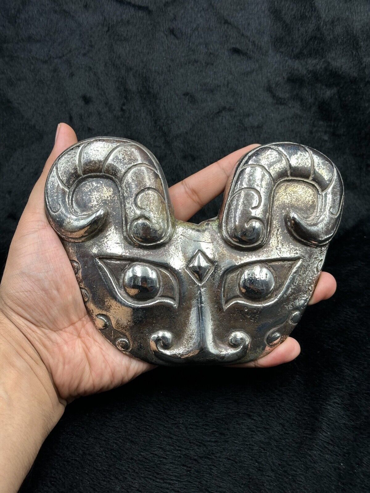 Very Old Archaic Silver Plated Taotie Mask Late Shang To Western Zhou Dynasty