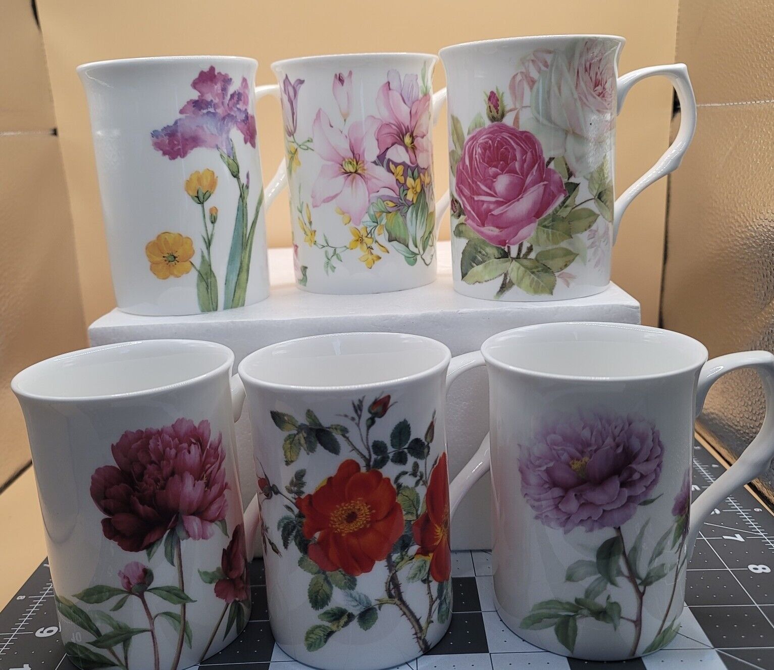 Set of 6 STECHCOL Gracie Bone China Floral Mugs 11 Oz Roses~Peonies~Clematis~