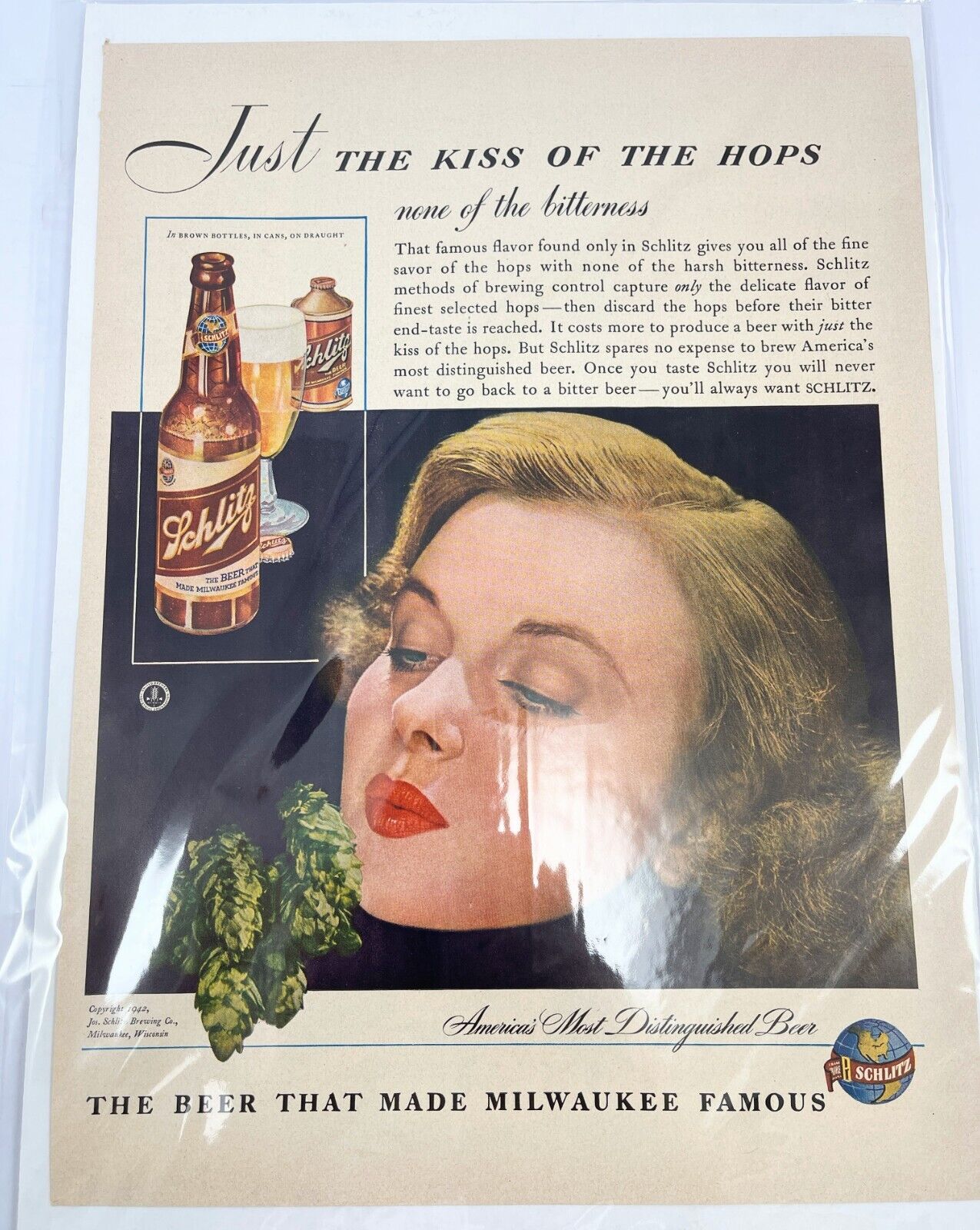 1942 vintage Schlitz Beer Print Ad Kiss of the Hops