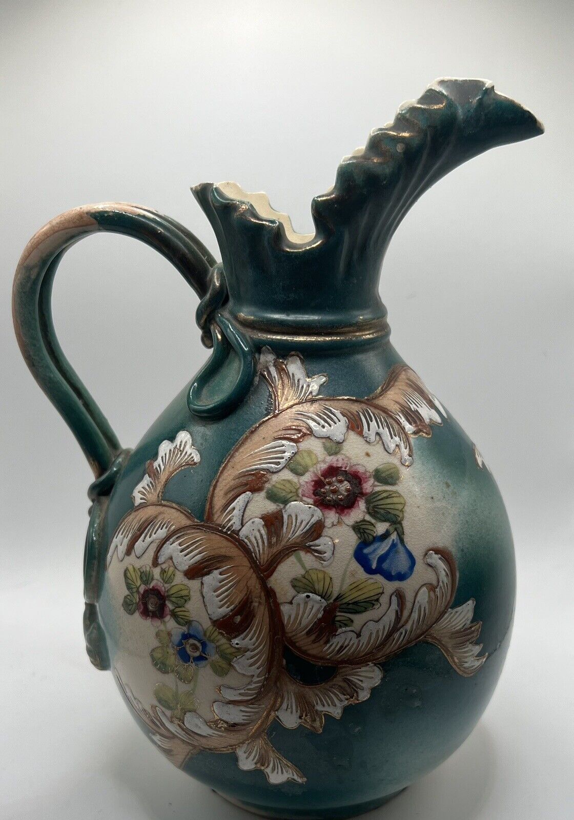 Antique Victorian  Pitcher/Vase Teal Floral 