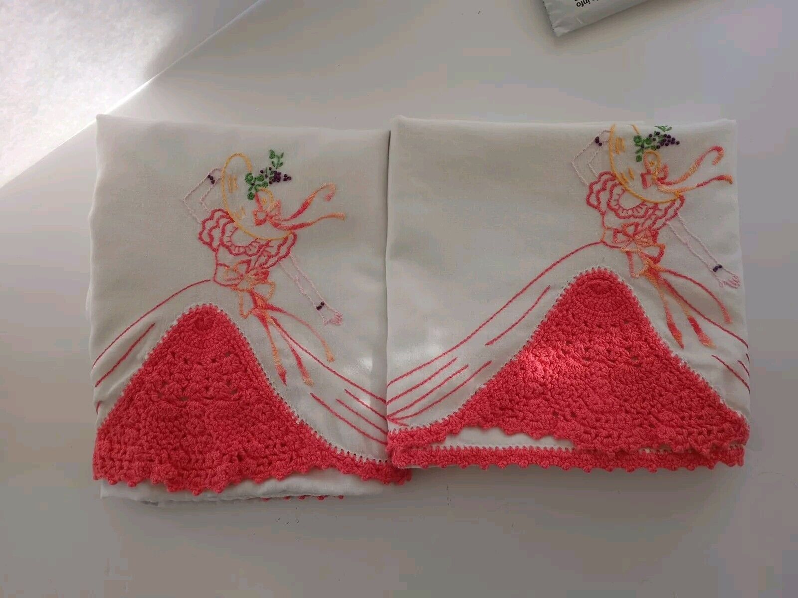 Vintage Pair of Pillow Cases Hand Embroidery and Crochet Woman Crochet  READ