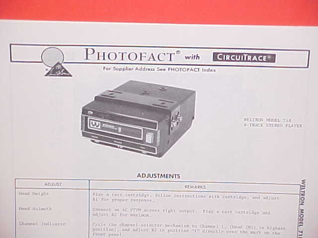 1971 WELTRON CAR AUTO 8-TRACK STEREO TAPE PLAYER SERVICE SHOP MANUAL MODEL 718