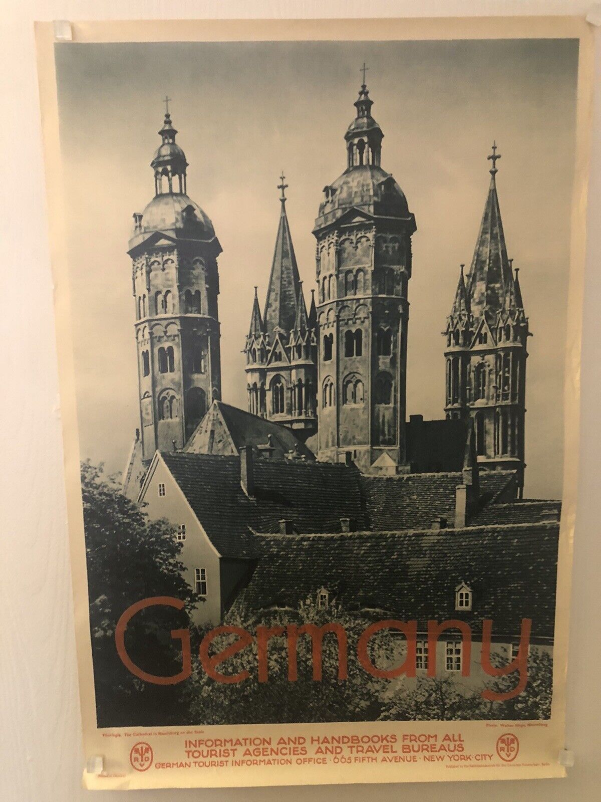 Vintage 1930’s Naumburg Cathedral Saale River German Travel Poster Rolled, 20x29