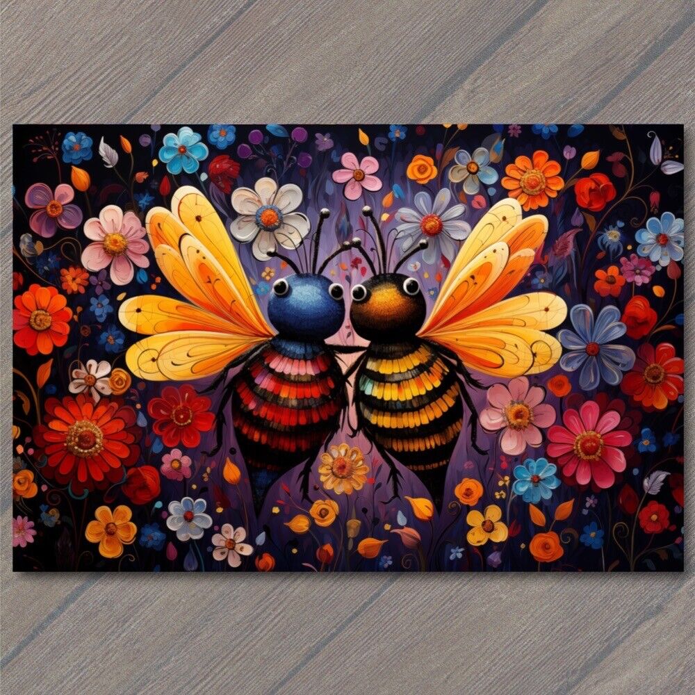 POSTCARD Whimsical Bees Buzzing in Love Colorful Valentine’s Day Flowers 🌸🐝💖