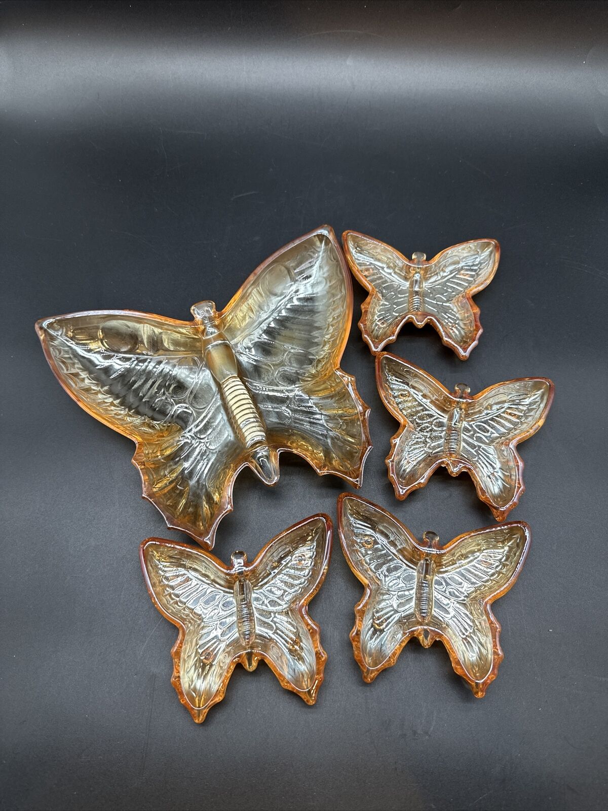 Vintage Marigold Carnival Glass Butterfly Trinket Dish Set by Jeannette Glass