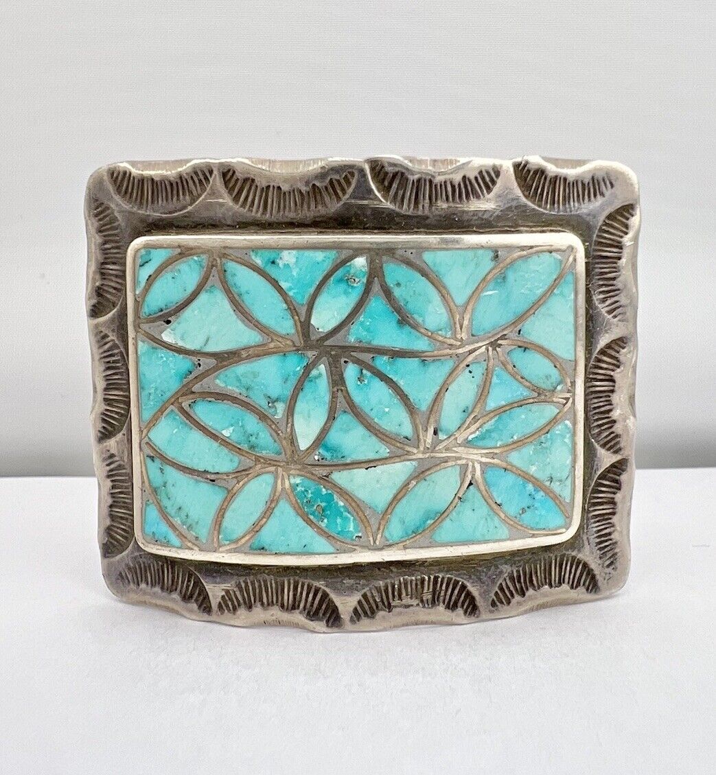 Vtg Zuni Fish Scale Channel Set Turquoise Stamped Women's Belt Buckle 2