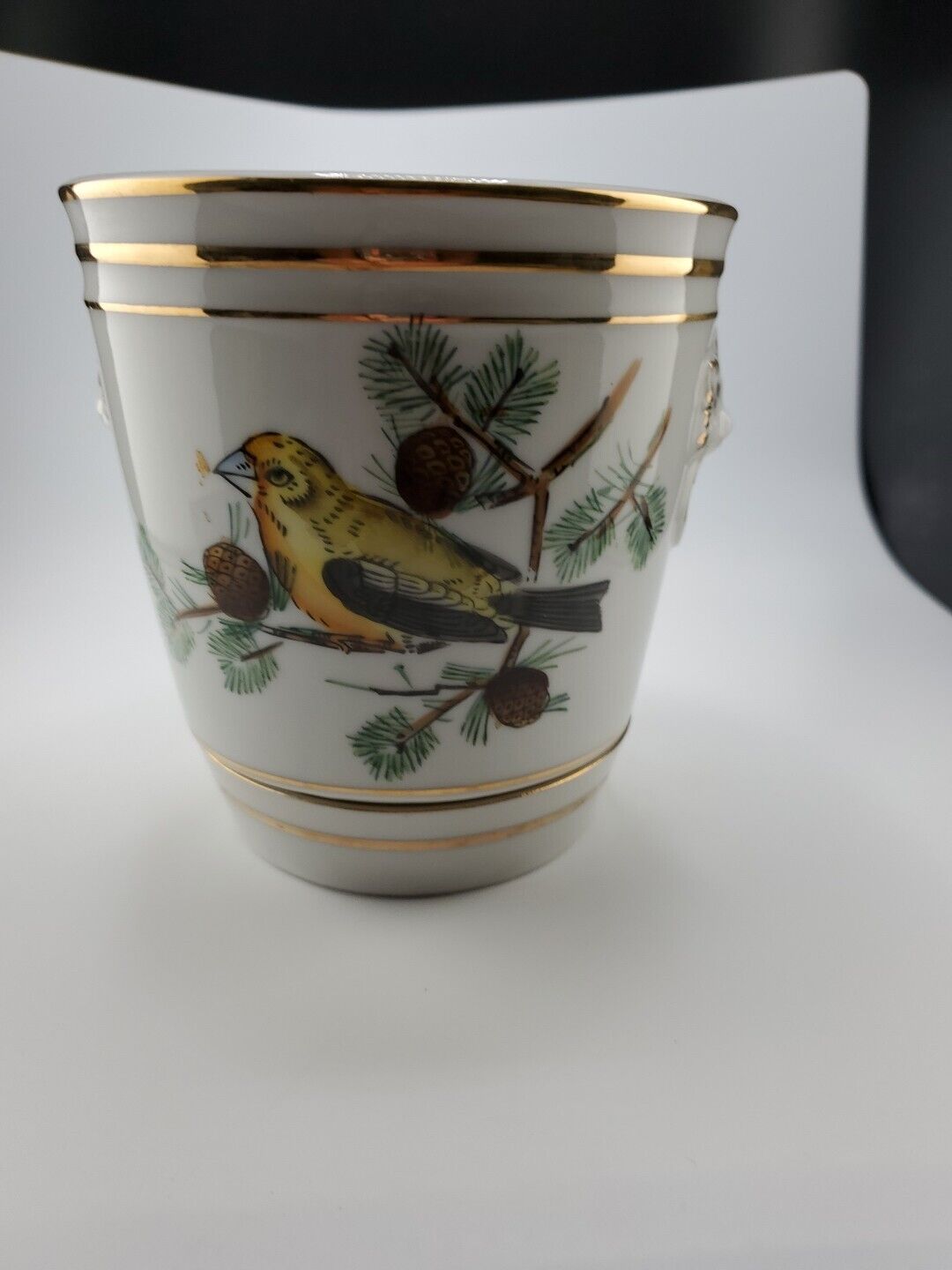 Vtg LJ Japanese Porcelain Cache Pot Multi Bird & Pine Cone Branches Gold Detail