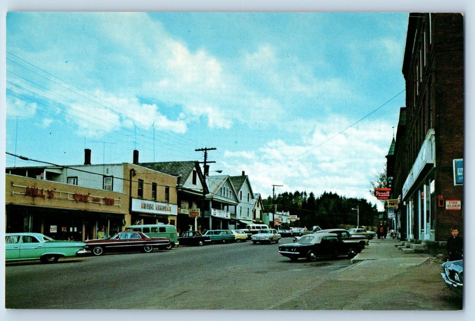 c1950 Main Street Business Center Classic Car Building Bradford Vermont Postcard