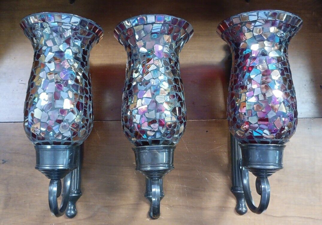 The Bombay Company Mosaic Glass Metal Candle Wall Sconce 12” Set Of 3