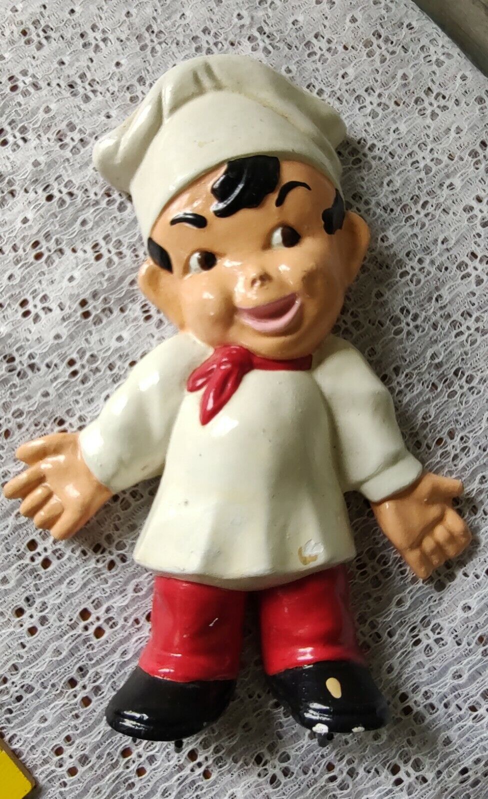 Vintage Little Chef Cook Chalk Ware Boy Red Handkerchief Smile Black Hair Hat