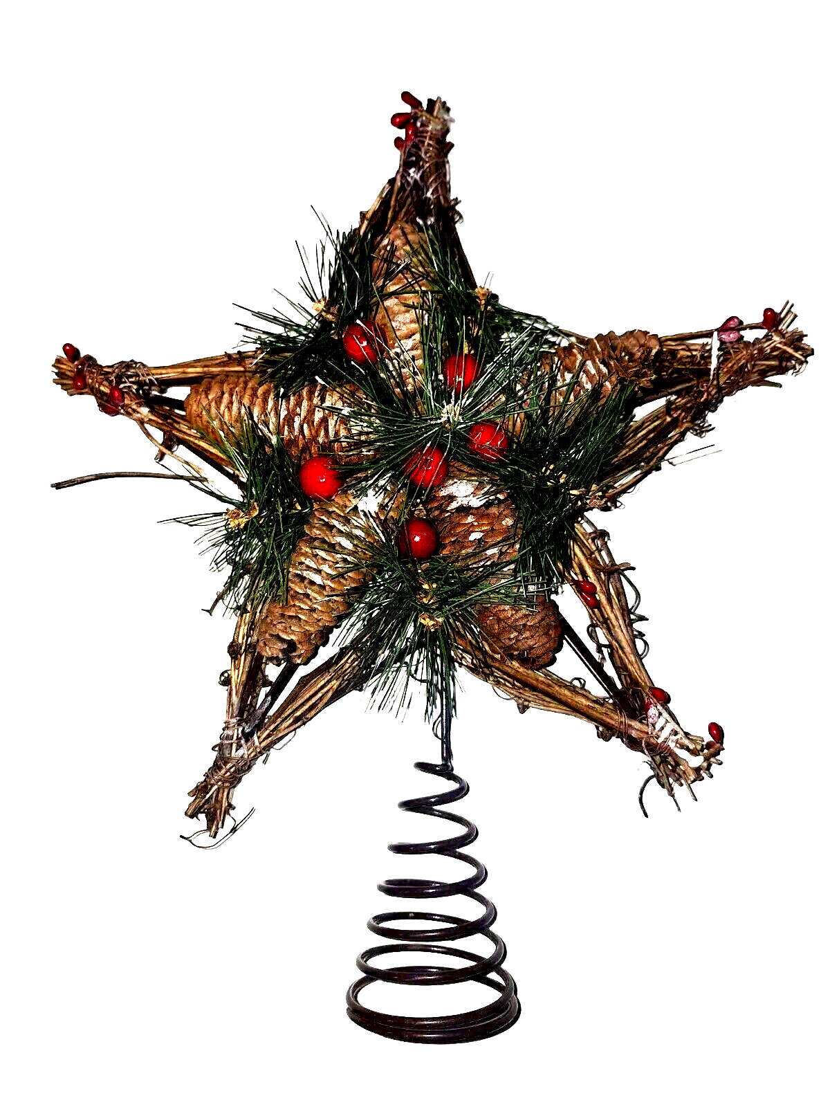 Rustic Twine Star Pine Cones Holly Berries Christmas Tree Topper Holiday Decor