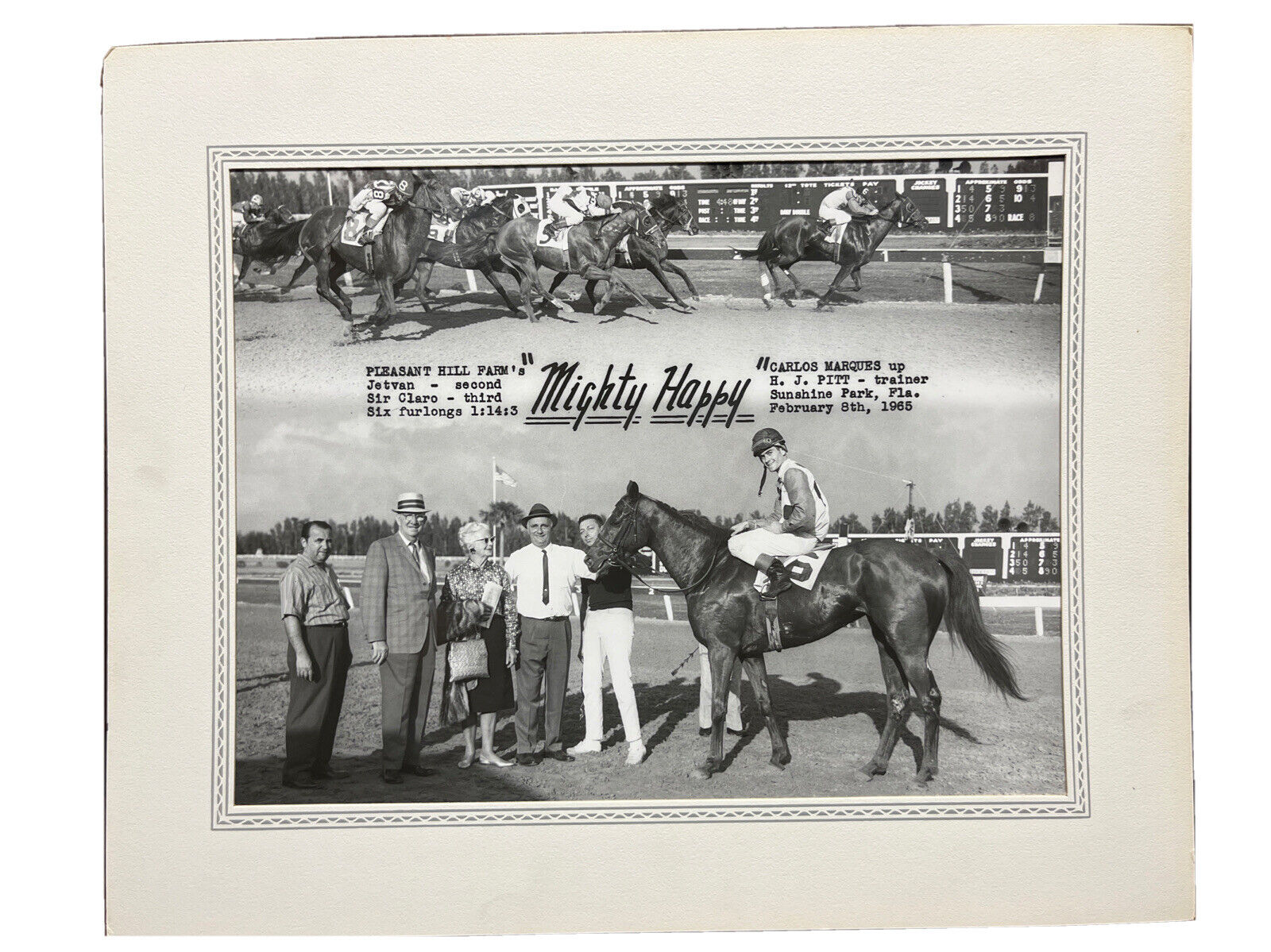 Rare Turfotos Horse Racing Feb 1965 “Mighy Happy” 11”x14” Mounted Photograph B&W