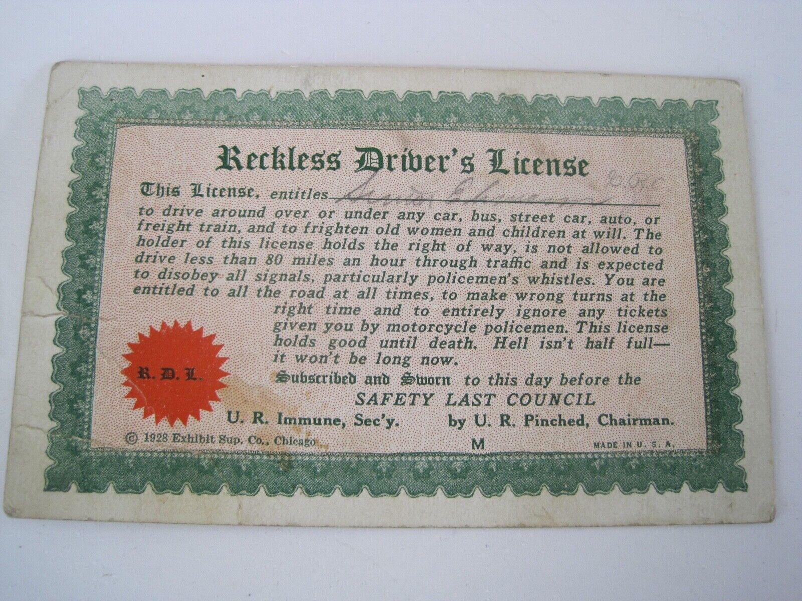 Reckless Drivers License 1928 Paper Vintage Document
