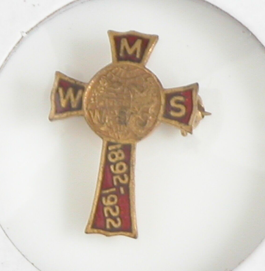 Women's Missionary Society Vtg 20s Lapel Pin 1892-1922 Member Cross Enamel WSS