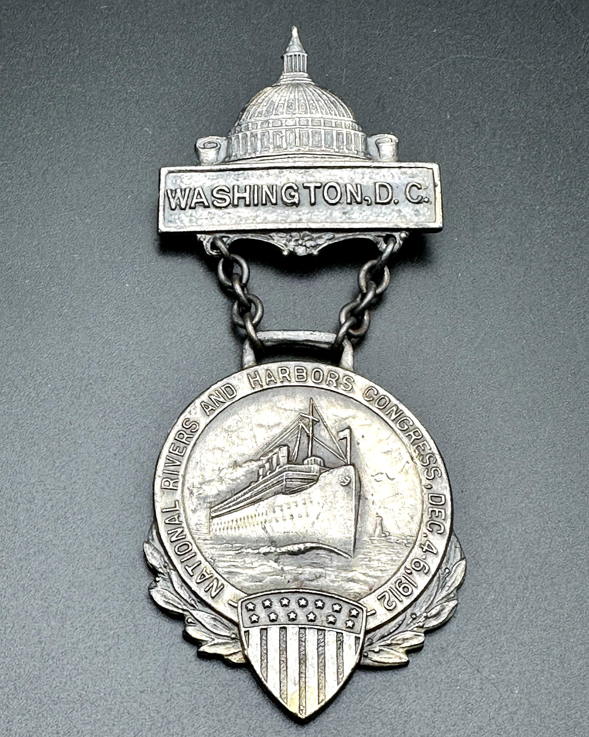 1912 WASHINGTON D.C. NATIONAL RIVERS & HARBORS CONGRESS BADGE MEDAL - L817