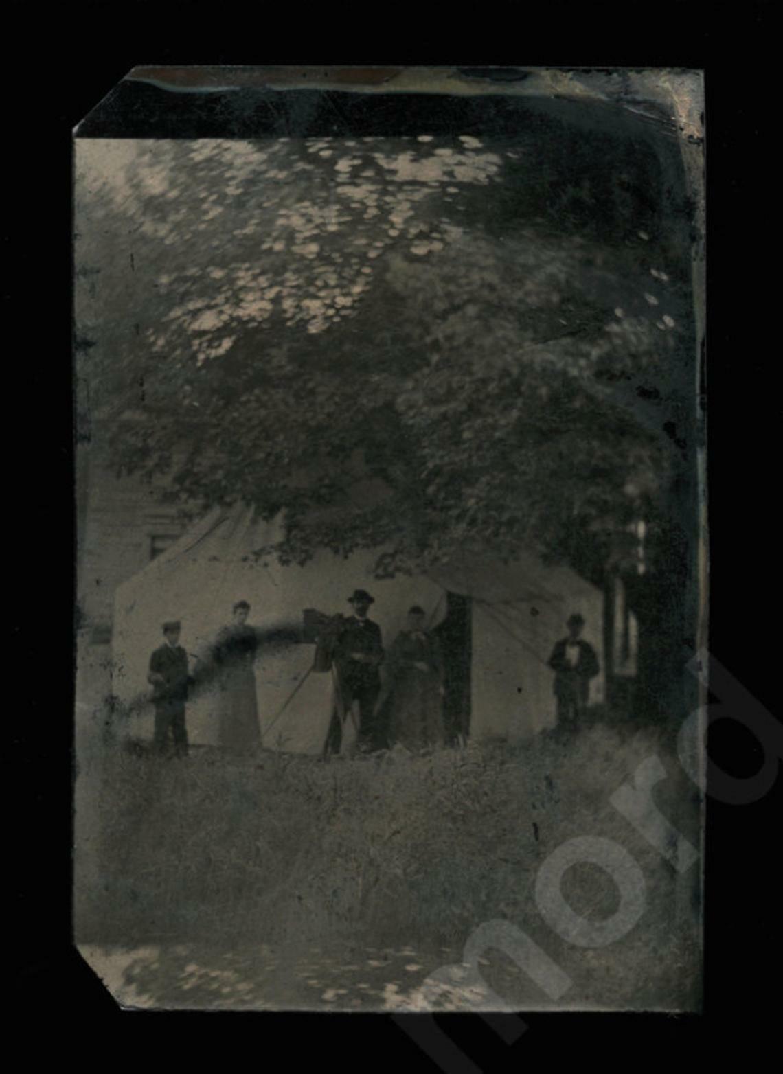 Rare Scene Antique Tintype Photographer & Camera on Tripod Outside Tent Studio