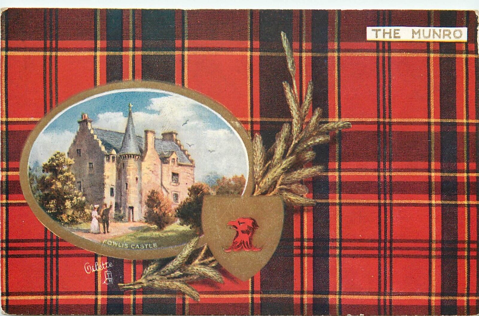 Tuck Postcard Scottish Clans 9459 Munro Tartan, Fowlis Castle, Badge- Club Moss