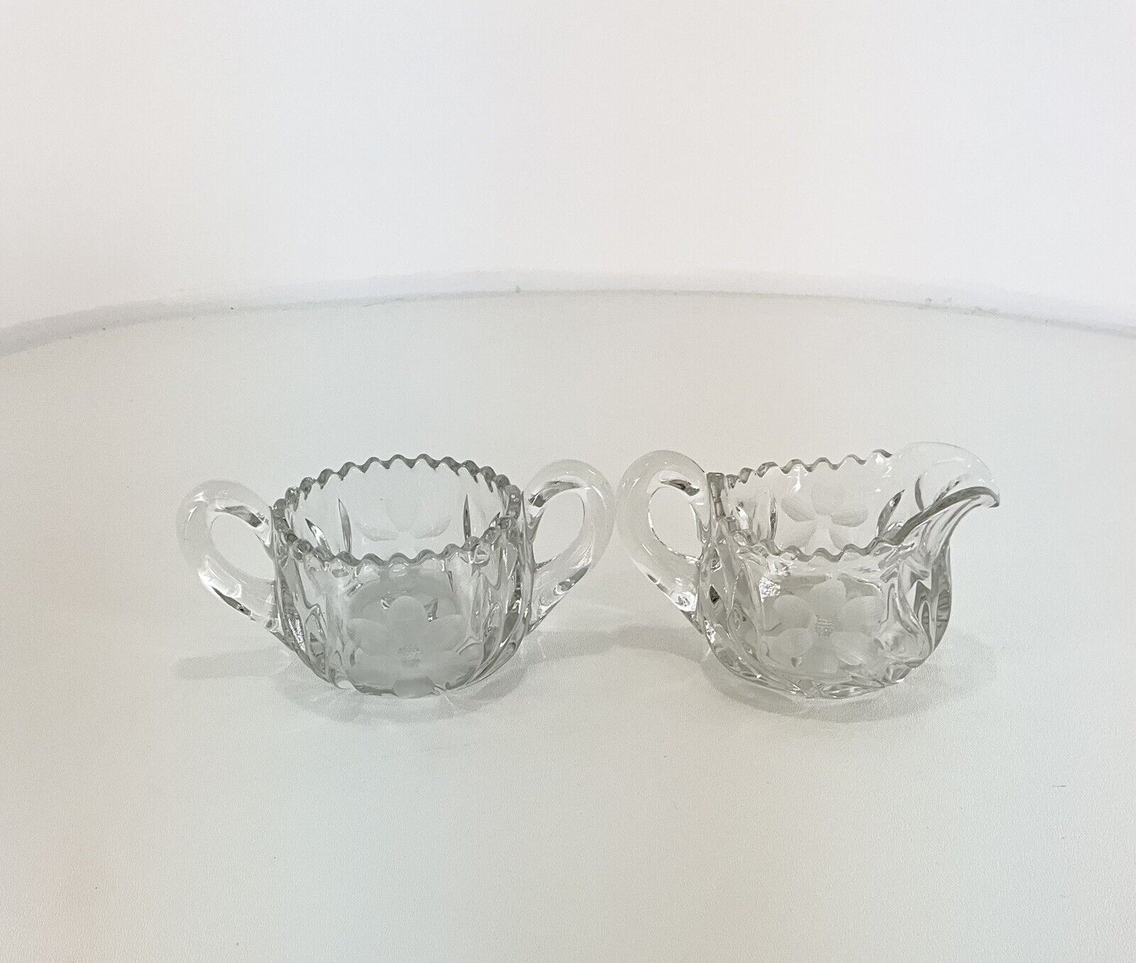 Vintage Crystal Creamer And Sugar Bowl With Beautiful Etched Flowers. Beautiful