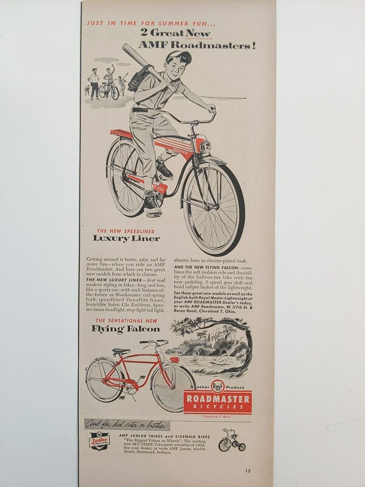 1954 vintage Roadmaster Luxury Liner, Flying Falcon Bicycles.