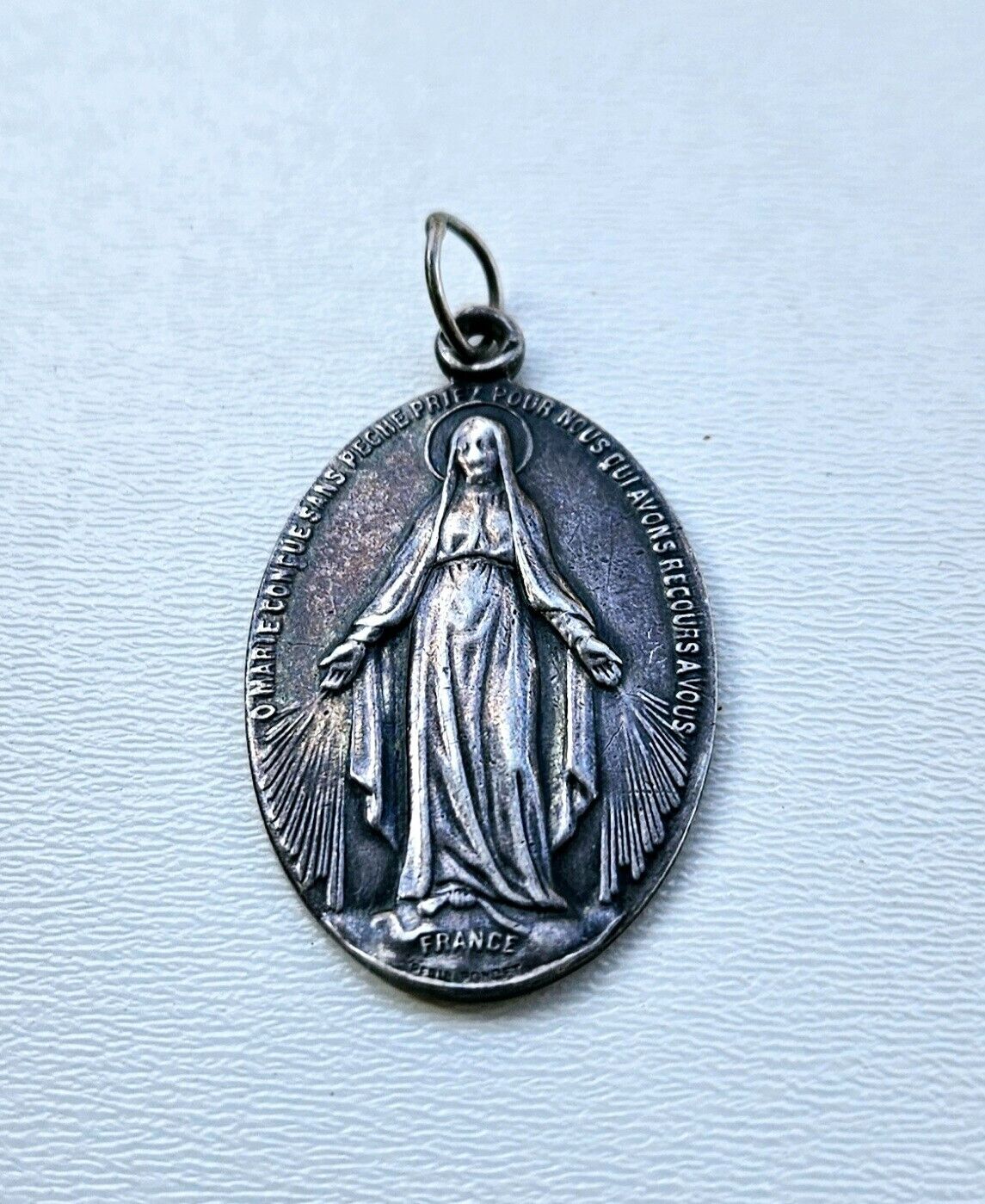 Vintage Sterling Silver Virgin Mary Madal Pendant France