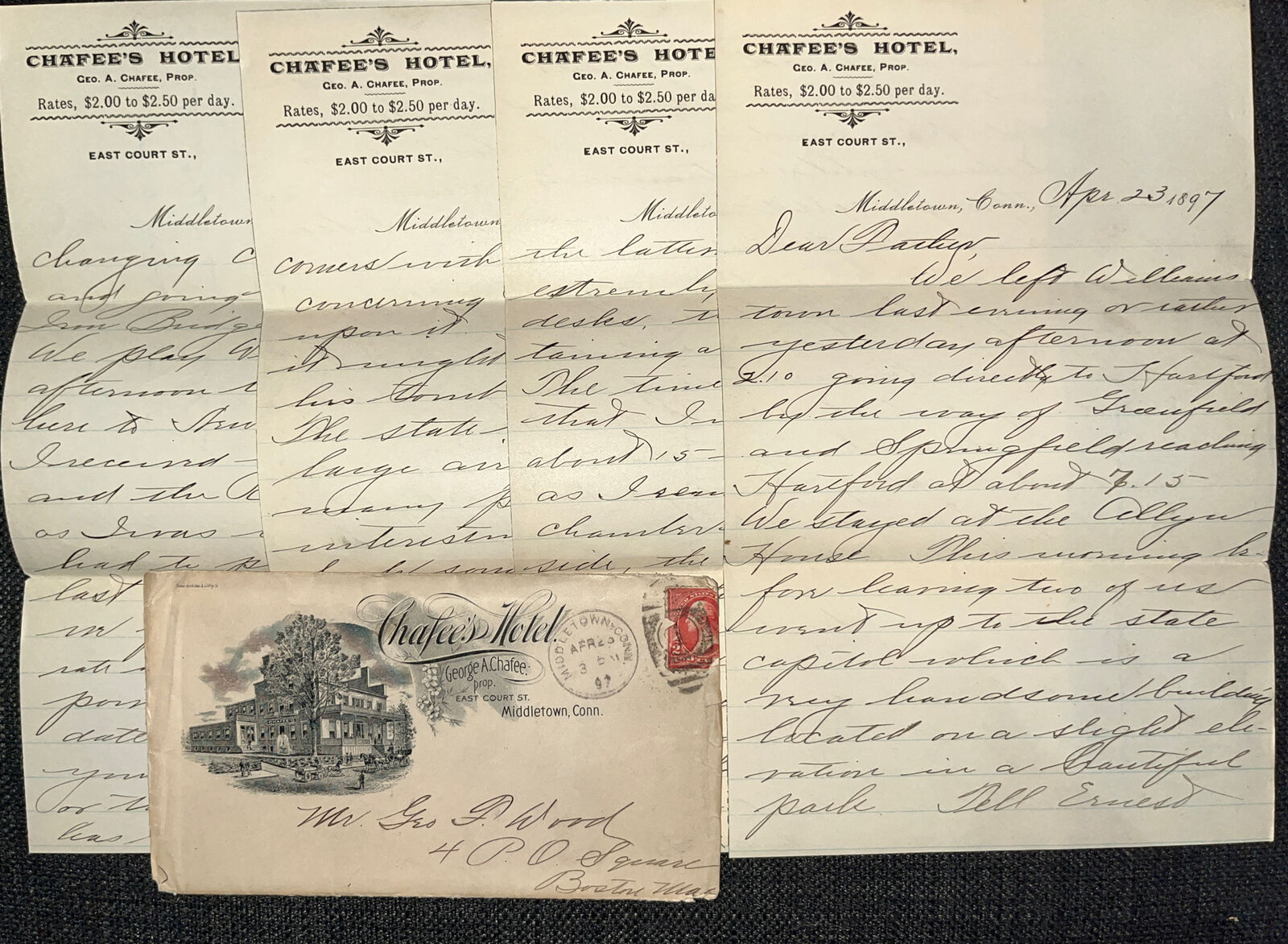 Antique 1897 Letter Chafee’s Hotel Letterhead Middletown CT Connecticut Capitol