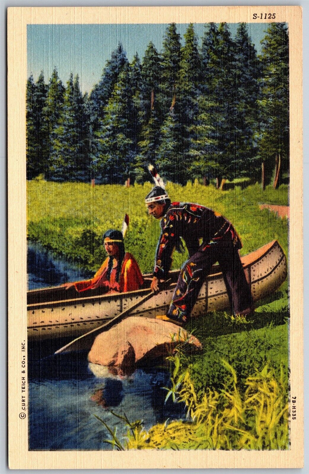 Vtg Native American Indian Brave & Squaw Take Canoe 1940s Linen View Postcard