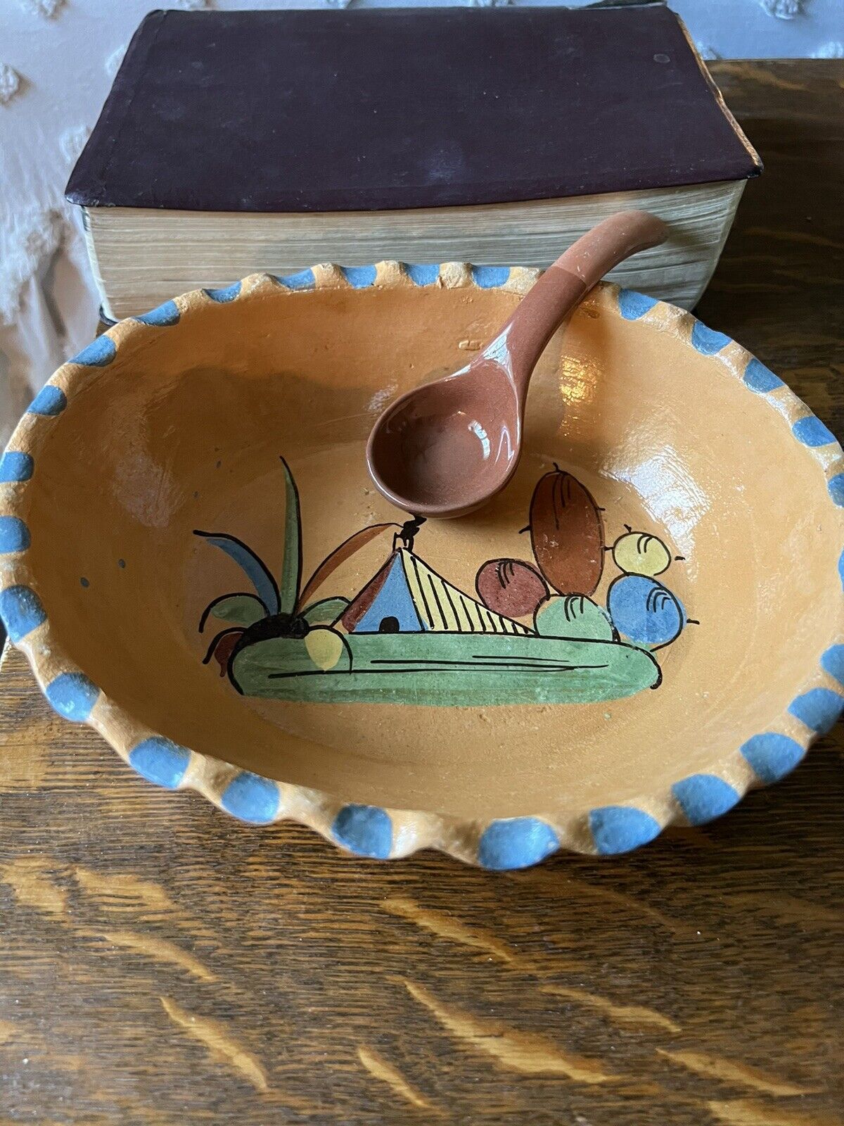 mexican pottery bowl Clay vintage Art Painted Decor Ladle Salsa Guacamole