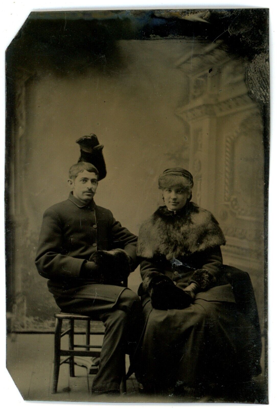 CIRCA 1860'S Rare 1/6th Plate TINTYPE Couple Winter Clothing Haunted Glove Prank