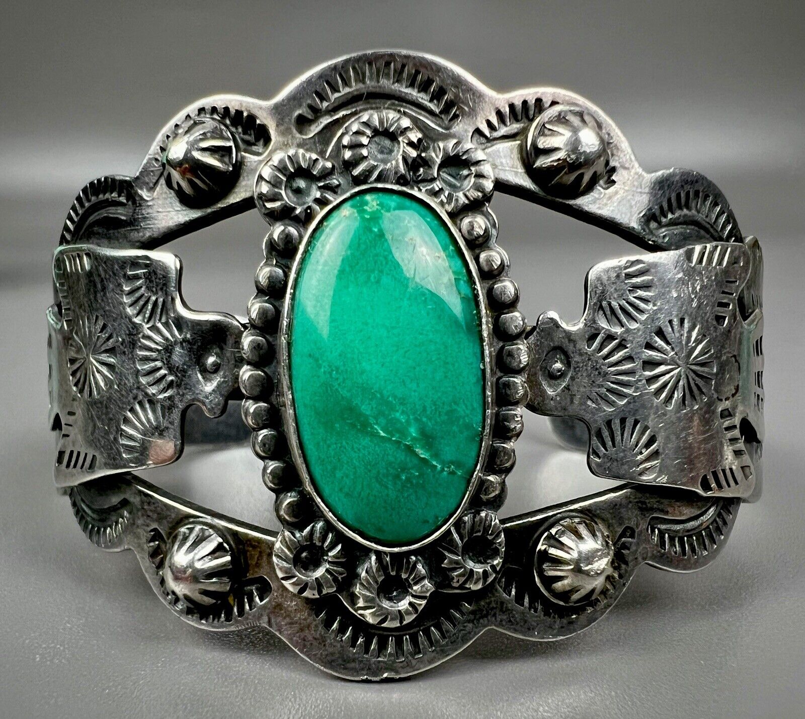 Large Vintage Navajo Harvey Era Silver Thunderbird Turquoise Cuff Bracelet